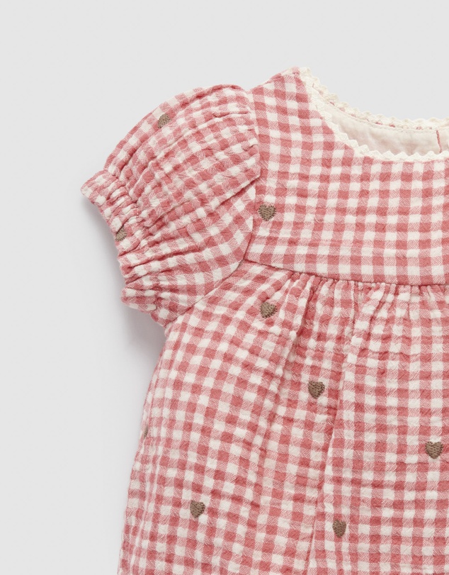 Purebaby - Heart Gingham Embroidered Romper -Kids-Babies