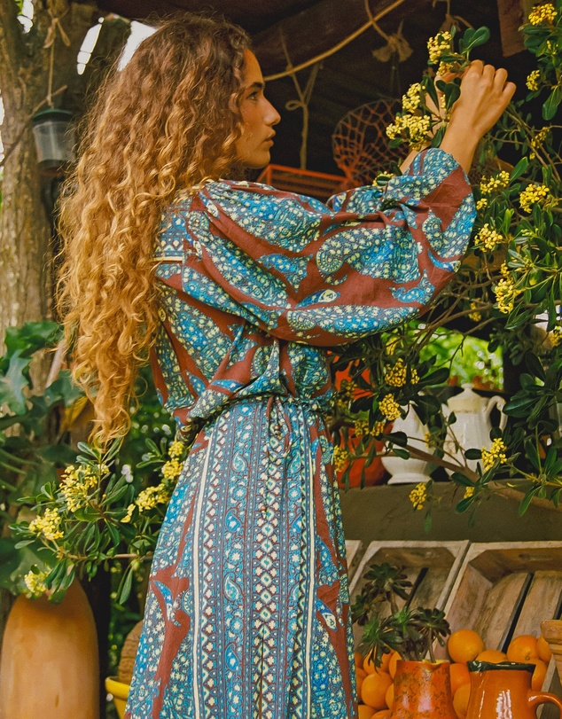 BOTEH - Calico Lace Up Maxi Smock Dress