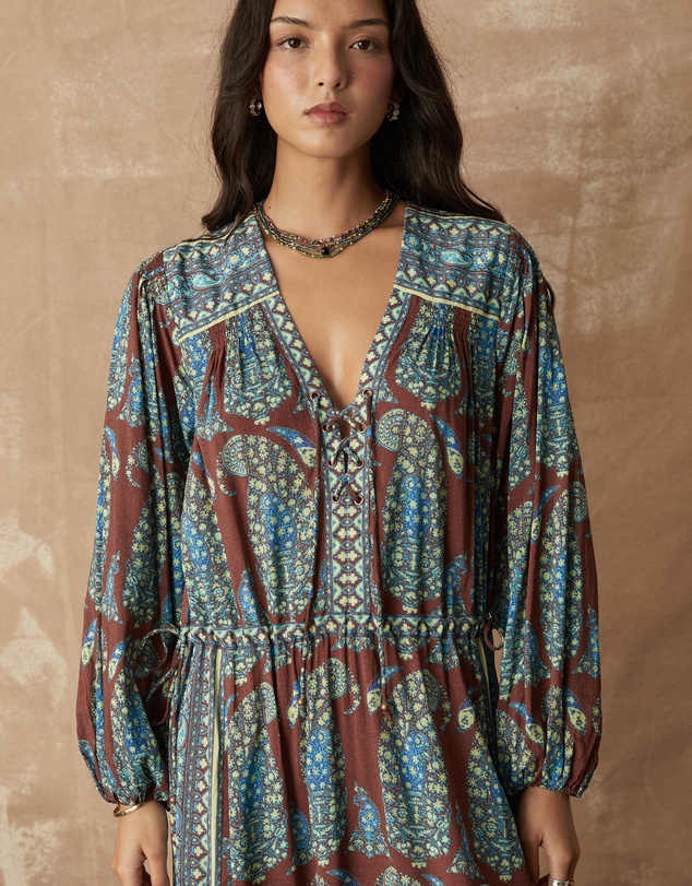 BOTEH - Calico Lace Up Maxi Smock Dress