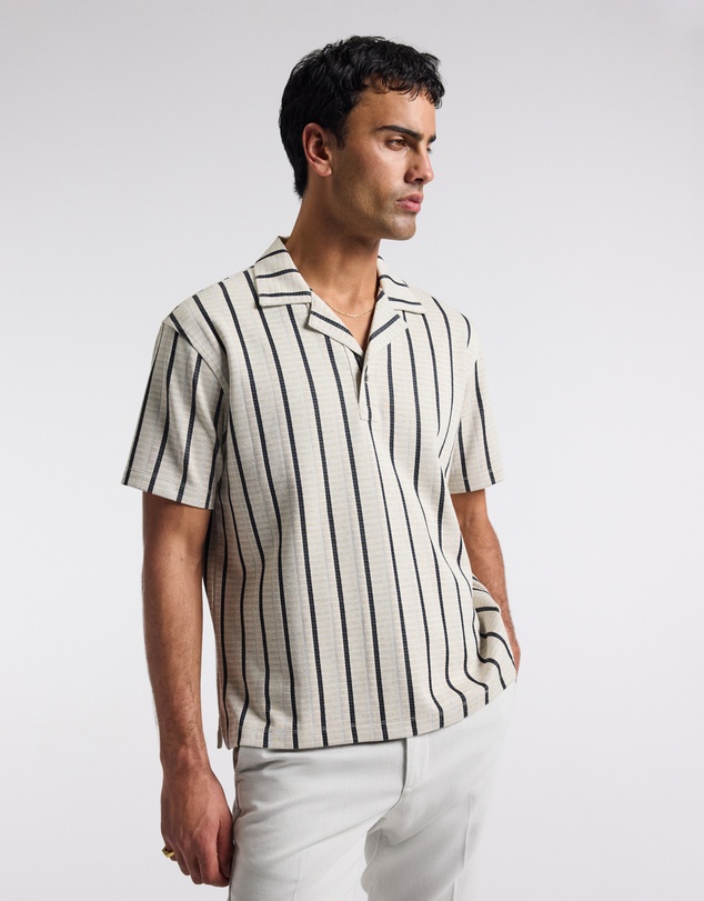 Calibre - Loose Fit Stripe Cuban Collar Polo Sand