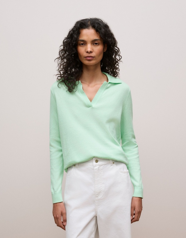 Trenery - Cotton Cashmere Long Sleeve Polo in Peppermint