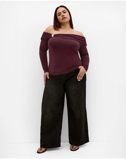 City Chic - Plus size Buckle Off Shoulder Long Sleeve Top - bordeaux