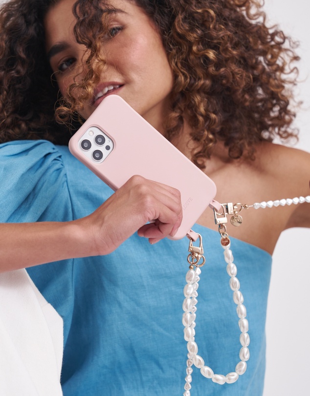 LOUVE COLLECTION - Dusty Pink Phone Case + Pearl Crossbody Chain & Wristlet