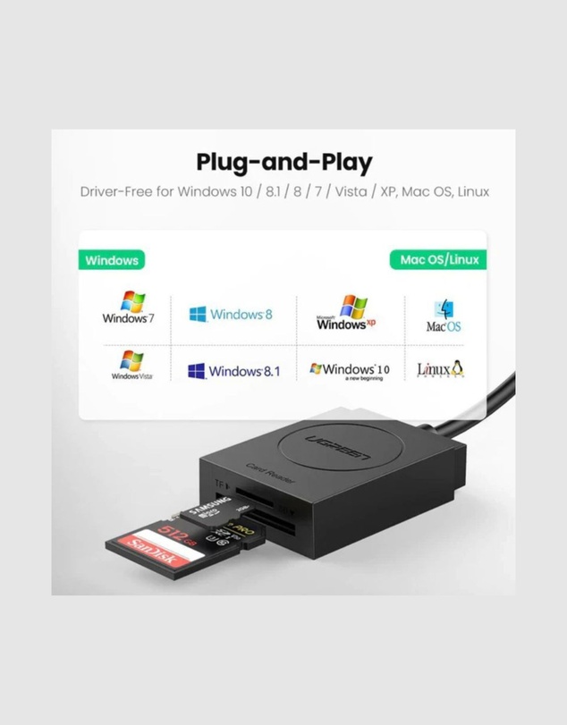Ugreen - UGreen 2-In-1 USB 3.0 A Card Reader Black