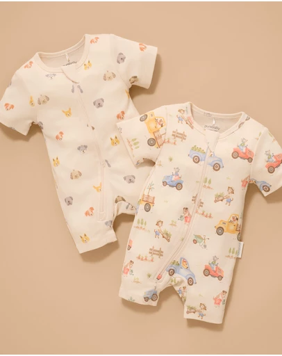 Purebaby - 2 Pack S/Slv Digital Growsuit- Kids-Babies