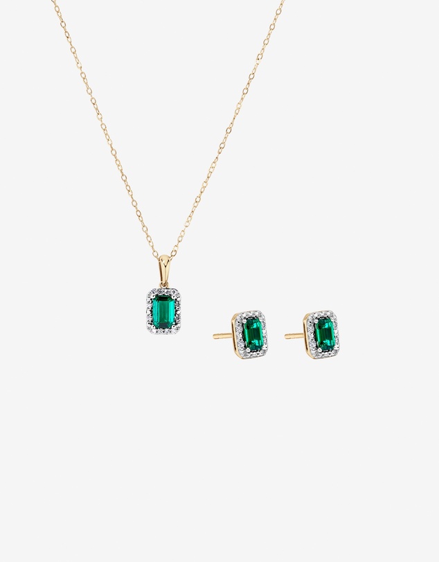 Michael Hill - Created Emerald & 0.10TW Laboratory-Grown Diamond Pendant and Earring Gift Set in 10 Karat Yellow Gold and Rhodium
