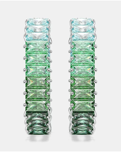 Swarovski - Matrix Hoop Earrings, Baguette Cut, Octagon Shape, Colour Gradient, Green, Rhodium-Plated