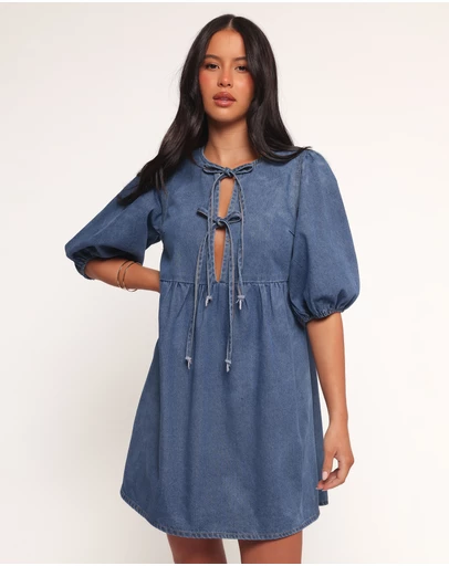 Petal & Pup - Romana Tie Front Mini Dress - Dark Denim