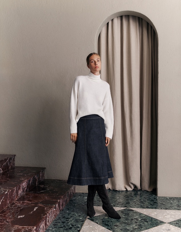 Trenery - Australian Cotton Blend Denim Panelled Skirt in Rinse Wash