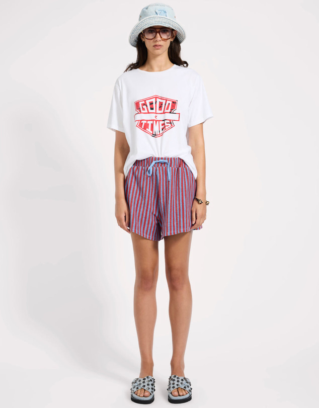 ONE TEASPOON - Terry Towel Drawstring Beach Shorts - Red Blue Striped