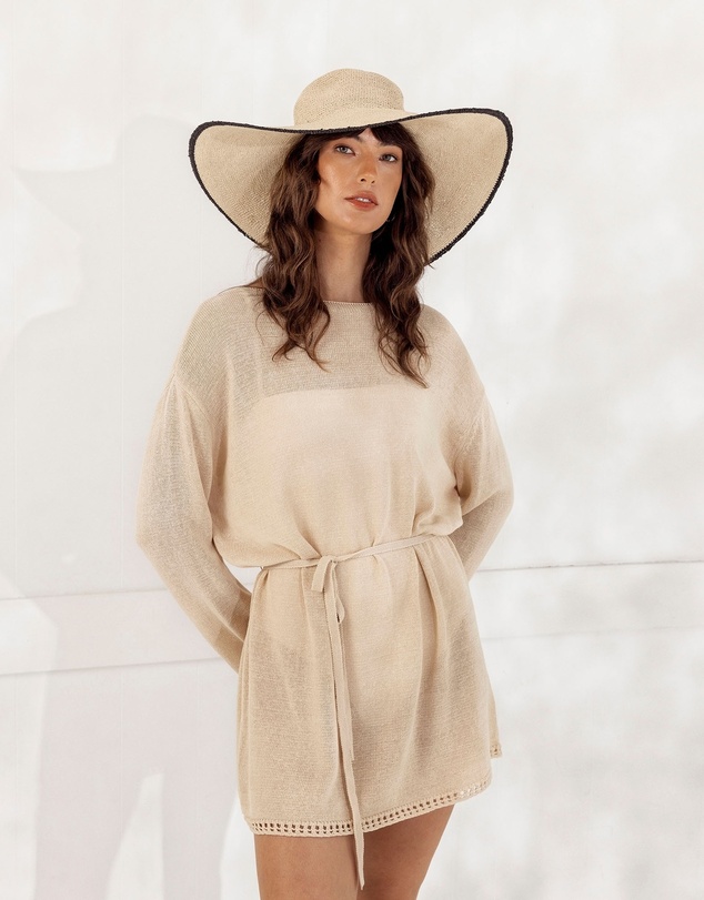 Morgan & Taylor - Raegan Crochet Straw Sun Hat in Natural Beige and Black Stripe