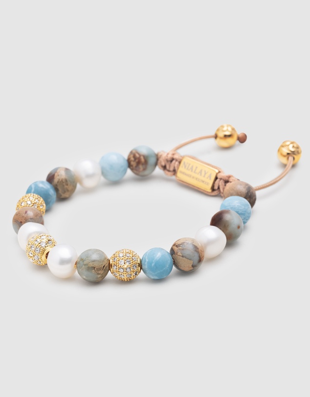 Nialaya Jewellery - Women's Beaded Bracelet with Pearl, Larimar, Opal and Gold