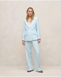 Trenery - Linen Collarless V Neck Blazer in Pastel Blue