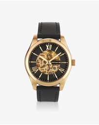 Michael Hill - Michael Hill Automatic Skeleton Watch In Gold Tone Stainless Steel And Leather