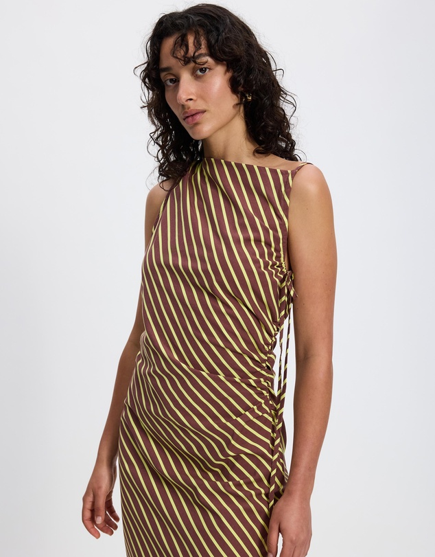 TOPSHOP - Topshop Ruched Side Gathered Shoulder Midi Dress In Brown Lime Stripe