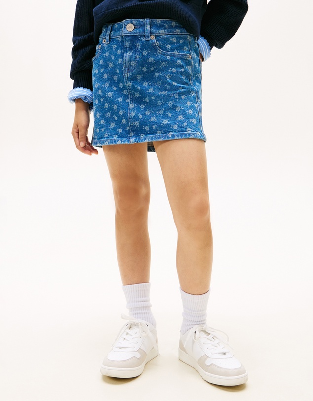 Tommy Hilfiger - Floral Print Flag Embroidery Denim Skirt - Kids