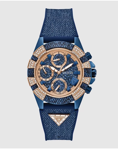 GUESS - ICONIC 40TH Denim 39mm Rose Gold-Tone Case Blue Silicone Strap