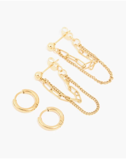 Lovisa - Waterproof Gold Plated Stainless Steel Classic Chain Earrings & Huggie Earrings 2-Pack
