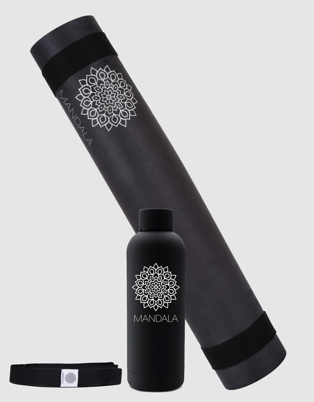 Mandala - Mandala Yoga Mat Premium Bundle, Includes Yoga Mat 188cm H x 61cm W, Yoga Strap & Steel Hydration Bottle - Black