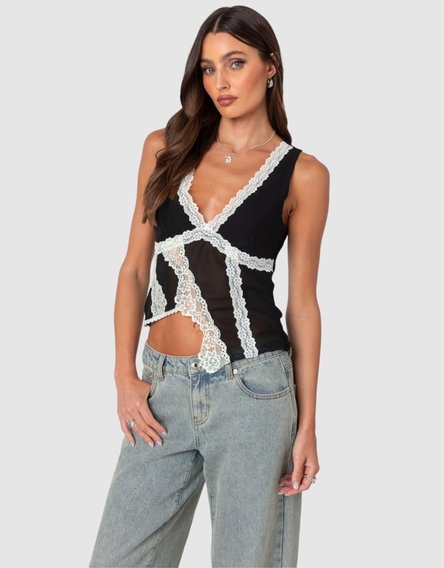 EDIKTED - Chiffon & Lace Sheer Asymmetric Top