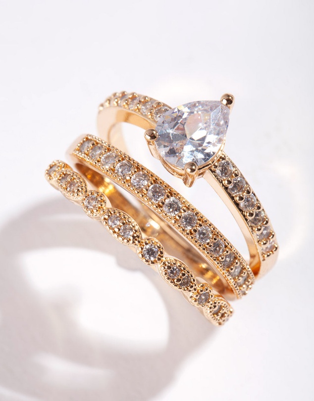 Lovisa - Gold Teardrop Cubic Zirconia Engagement Ring Stack