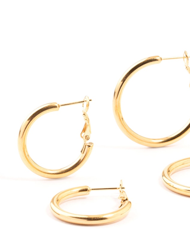 Lovisa - Waterproof Gold Plated Stainless Steel Large Basic Hoop Earrings 3-Pack