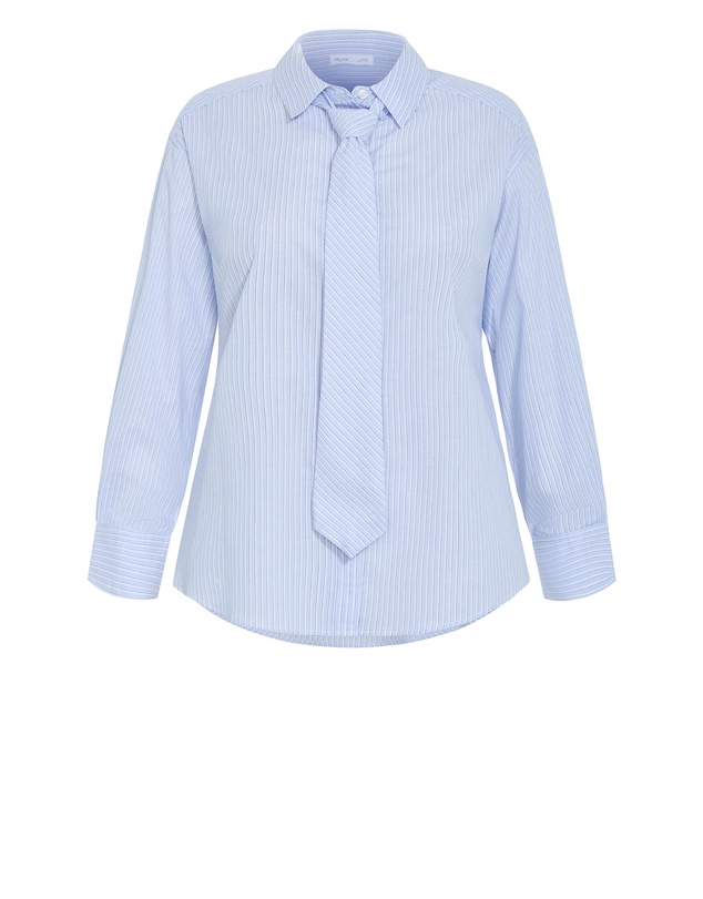 City Chic - Plus size Neck Tie Cotton Stripe Shirt - sky blue