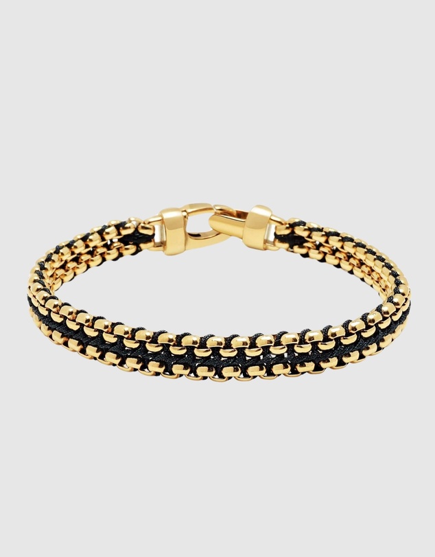 Nialaya Jewellery - Black Woven 8mm Box Chain Bracelet in Gold