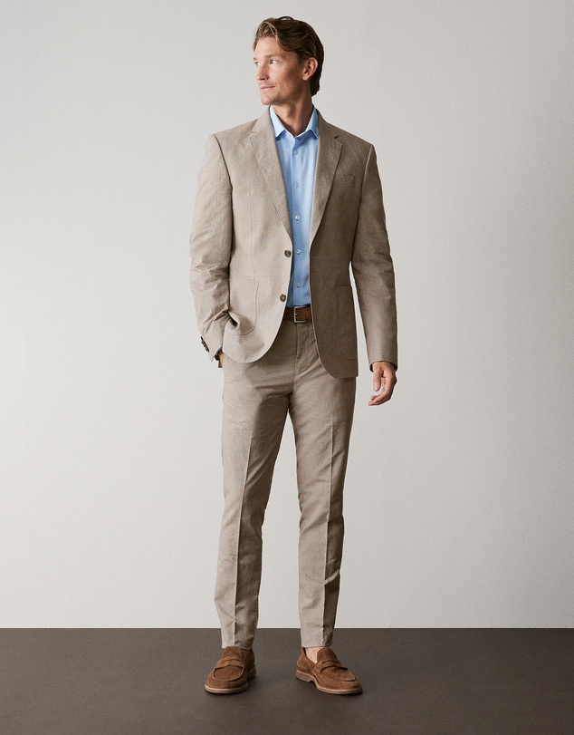 Trenery - Italian Cotton Linen Check Slim Pant in Latte