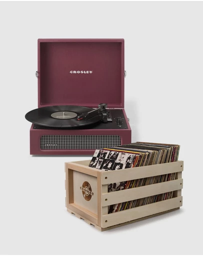 Crosley - Crosley Voyager Bluetooth Portable Turntable + Bundled Record Storage Crate - Burgundy