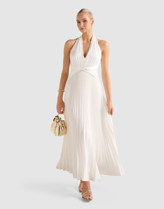 Natasha Pleated Satin Halter Neck Maxi Dress by Forever New Online | THE  ICONIC | Australia