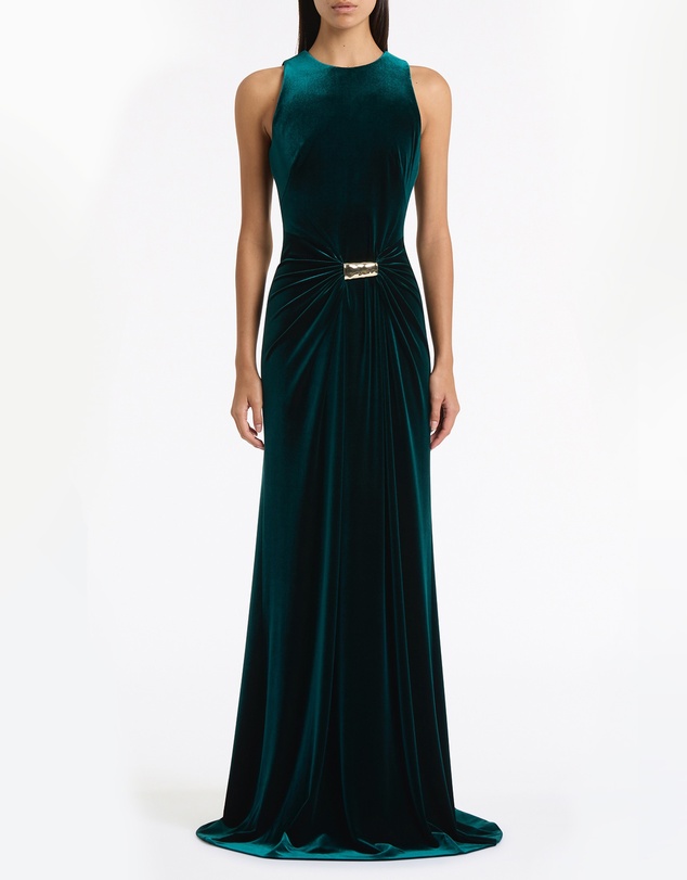Carla Zampatti - Hunter Green Velvet Gold Detail Maxi Dress