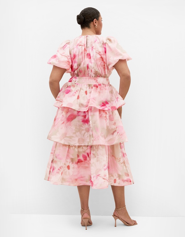 City Chic - Plus size Heavenly Garden Print Ruffle Maxi Dress - salmon pink