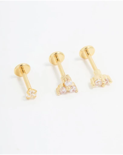 Lovisa - Gold Plated Surgical Steel Cubic Zirconia Round Flat Back Studs 3-Pack