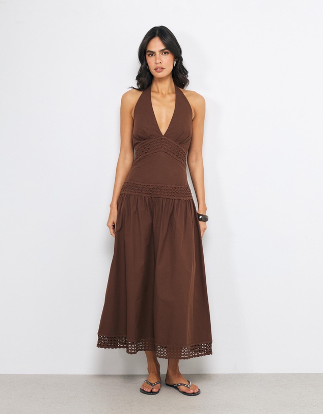 AERE - Evi Crochet Panel Halter Midi Dress