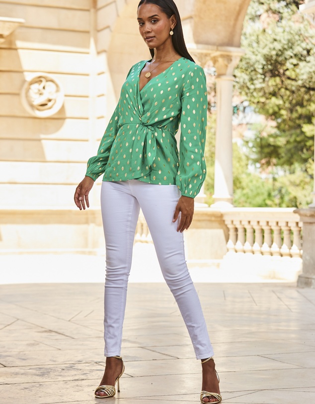 Sosandar - Metallic Fleck Print Blouson Sleeve Knot Front Top