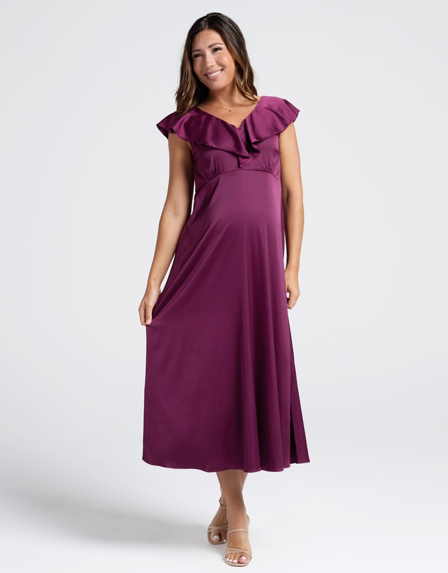 Angel Maternity - Mika Maternity Evening Ruffle Dress in Wine