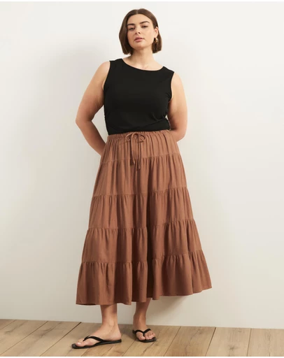 Atmos&Here Curvy - Elenora Linen Blend Tier Maxi Skirt