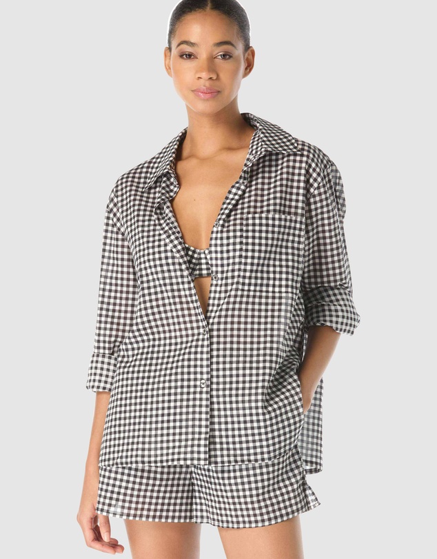 Michael Kors - Boho Gingham Cotton Long-Sleeve Beach Shirt Cover Up