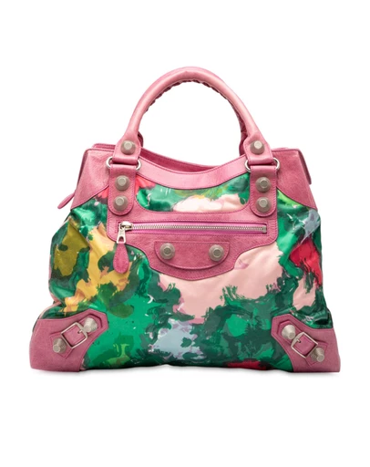 Pre-Loved by Azura Reborn - Pre-Loved Lambskin and Satin Floral Print Motocross Giant 21 Brief Satchel