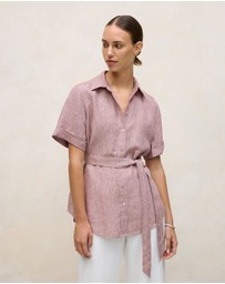 Trenery - Linen End On End Stripe Belted Shirt in Light Pink