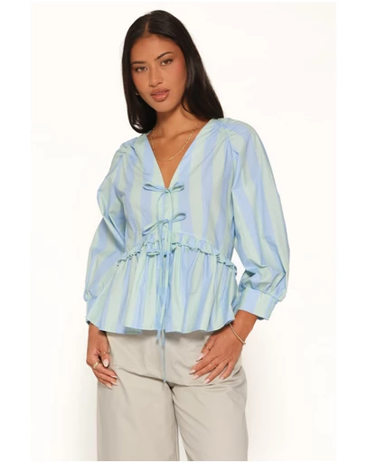 Petal & Pup - Benny Puff Sleeve Top - Green/Blue Stripe
