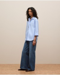 Trenery - Yarn Dyed Cotton Poplin Half Sleeve Shirt in Sky