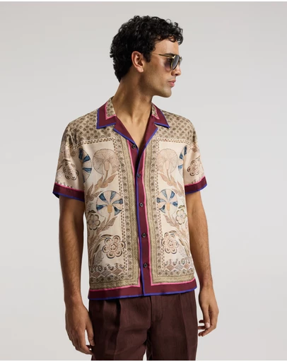 Calibre - Camp Collar Mosaic Silk Shirt Sand