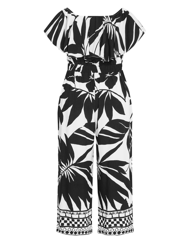 City Chic - Plus size Peta Border Oasis Print Jumpsuit - black