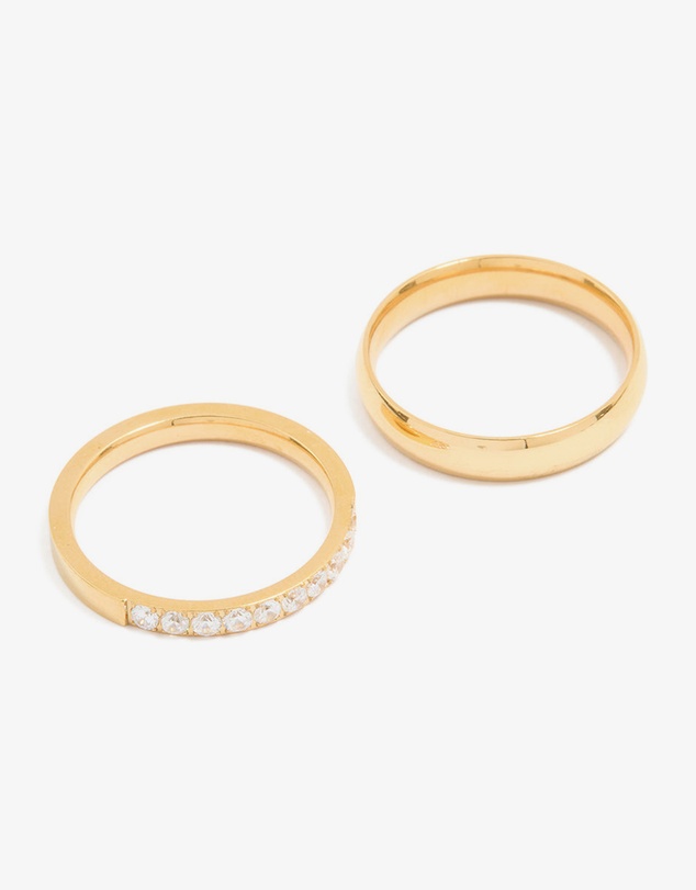 Lovisa - Waterproof Gold Plated Stainless Steel Diamante & Smooth Rings 2- Pack