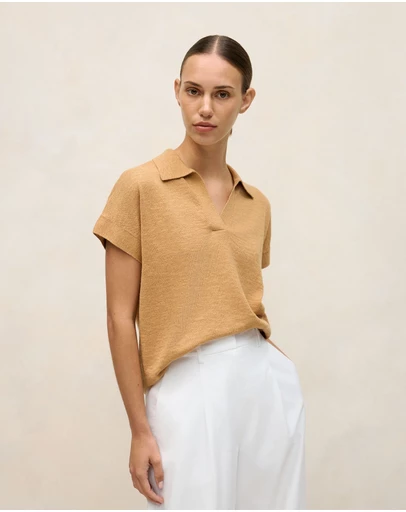 Trenery - Linen Cotton Relaxed Knit Polo in Sahara Tan