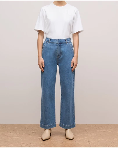 Trenery - Australian Cotton Blend Denim Tailored Pant in Mid Blue