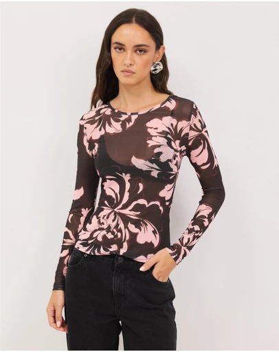Calli - Luca Crew Neck Floral Mesh Top