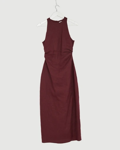 Revibe - Repaired AERE Elow Ruched Linen Midi Dress - AU 8